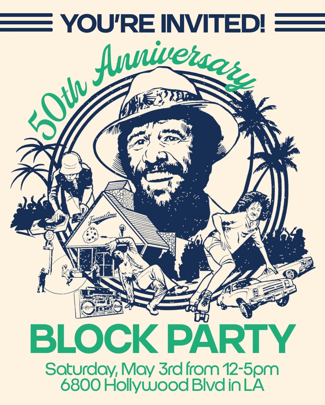 An image for the flyer of the Famous Amos 50th Anniversary celebration.