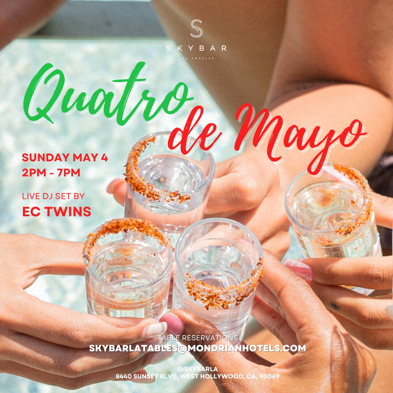An image of the flyer for Skybar's quatro de mayo party.