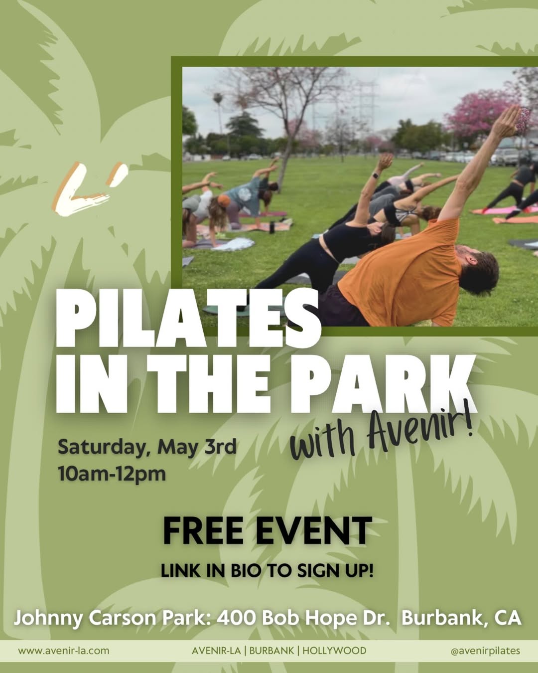An image of the flyer for the Avenir Pilates event.