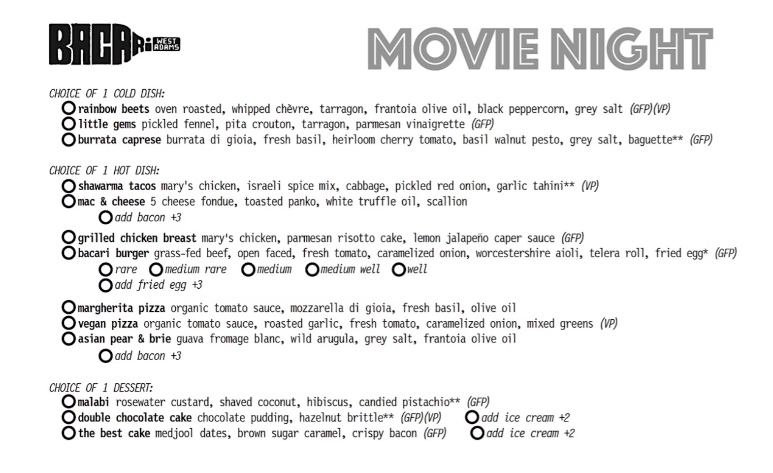 An image of the menu for Bacari movie nights.