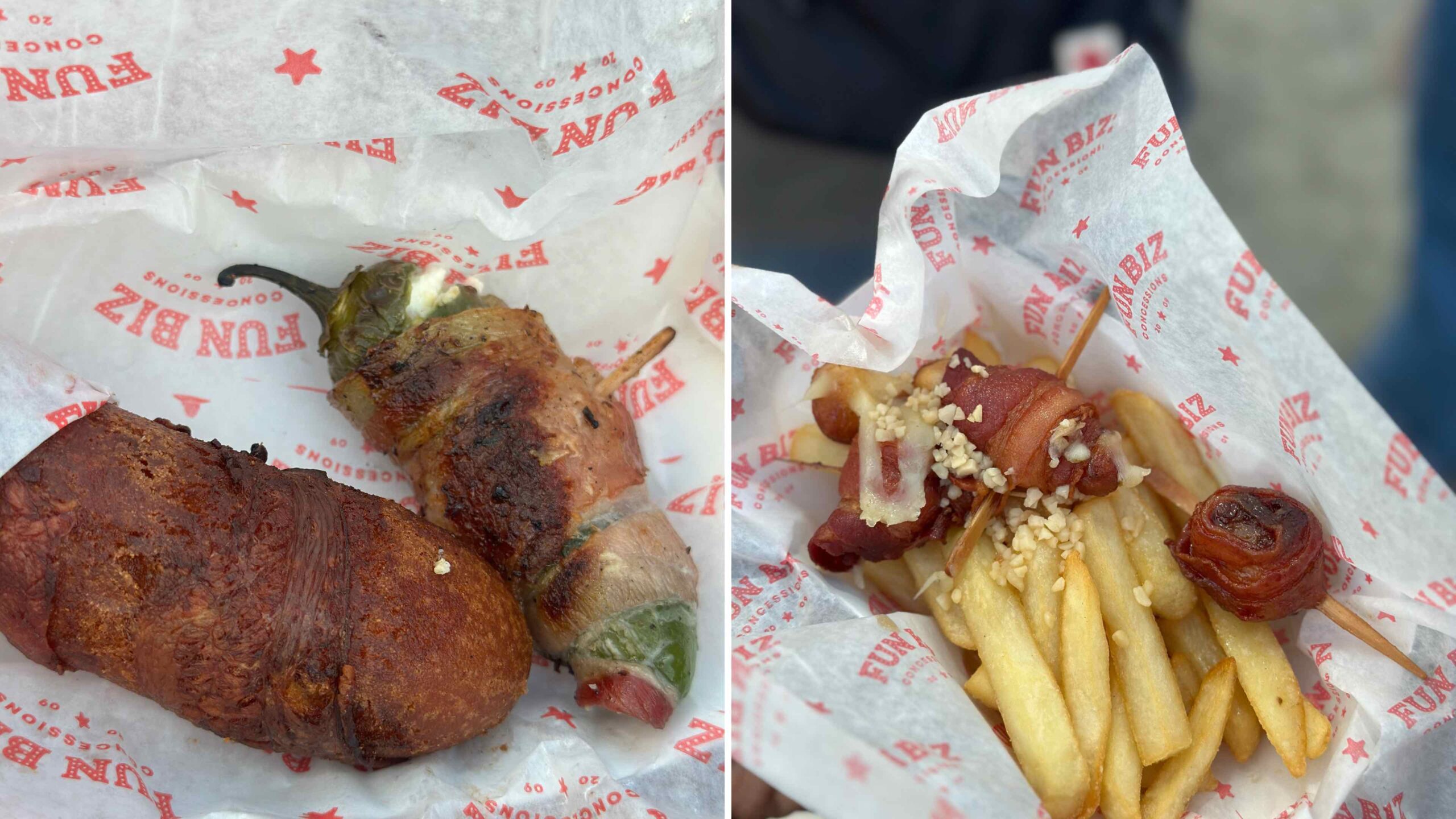 an image of 4 items from the Bacon Nation booth at the LA County Fair.