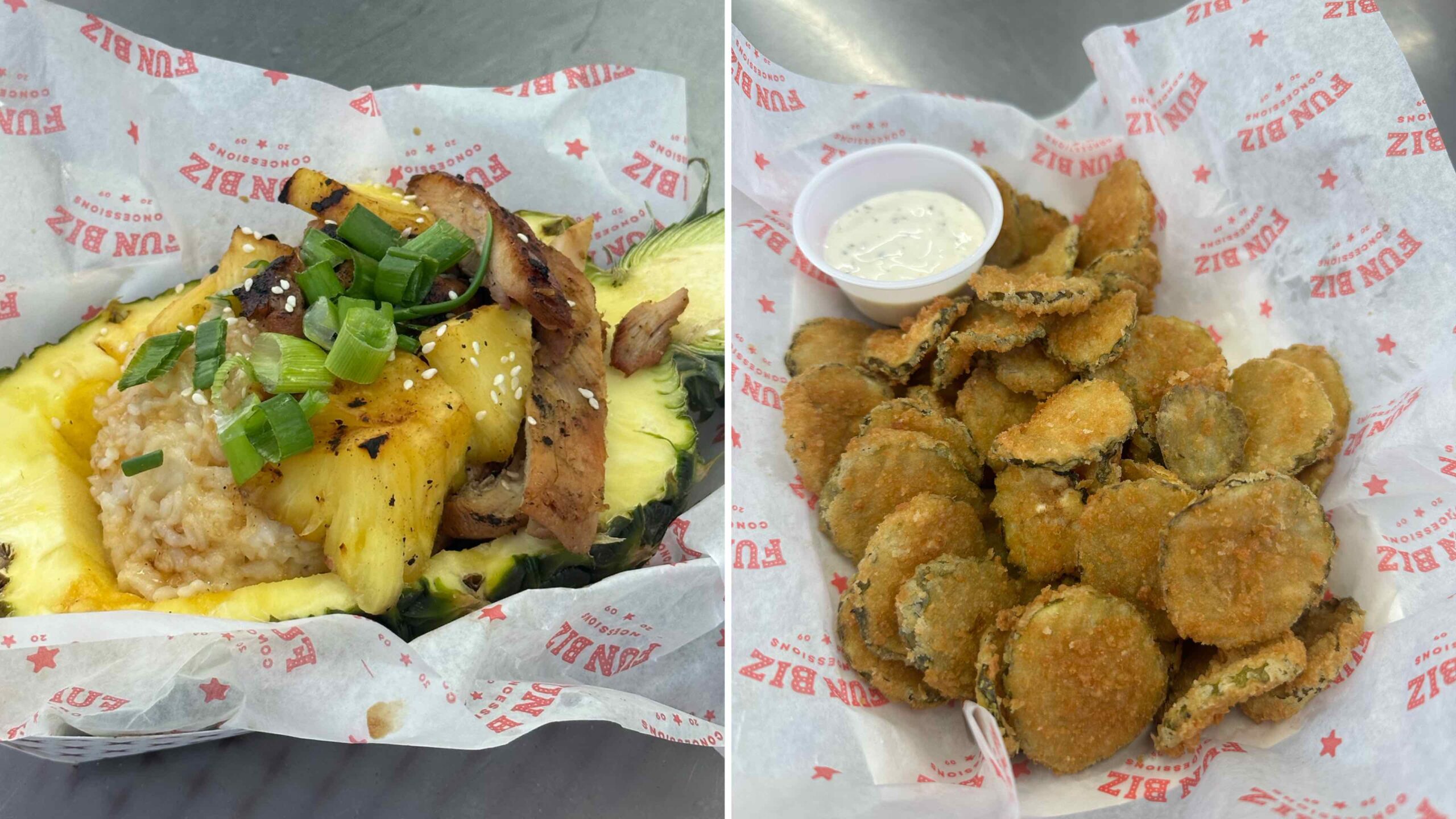 An image of two food items: Pineapple Bowl and tangy Thin Fried Pickles