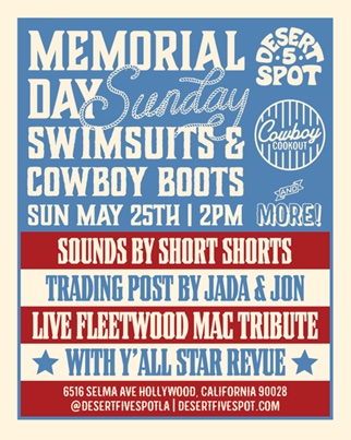 An image of the flyer for Desert 5 Spot's Swimsuits & Cowboy Boots Wild West Pool Party & Trading Post for summer. 
