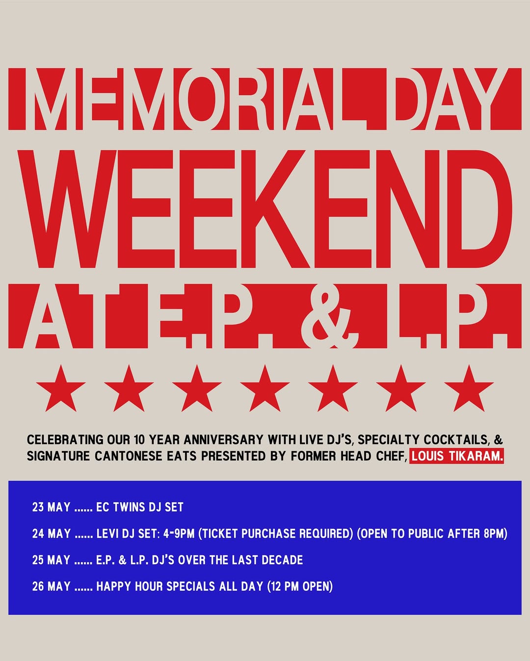 An image of the flyer for E.P. and LP.' Memorial Day weekend events.