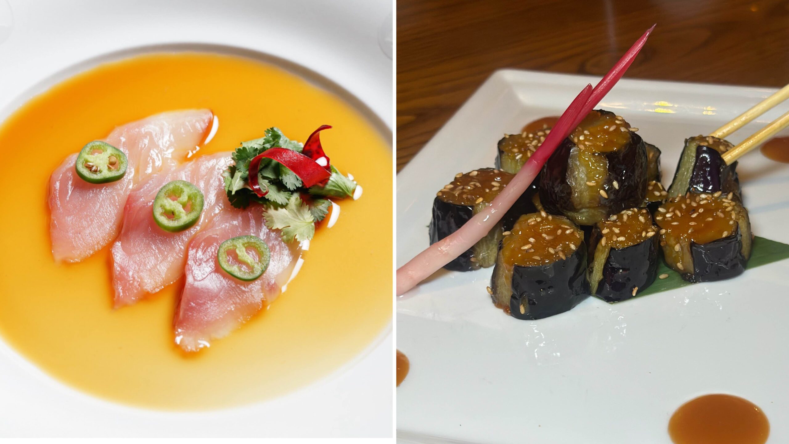 An image of two images: Yellowtail sashimi and Eggplant Miso.