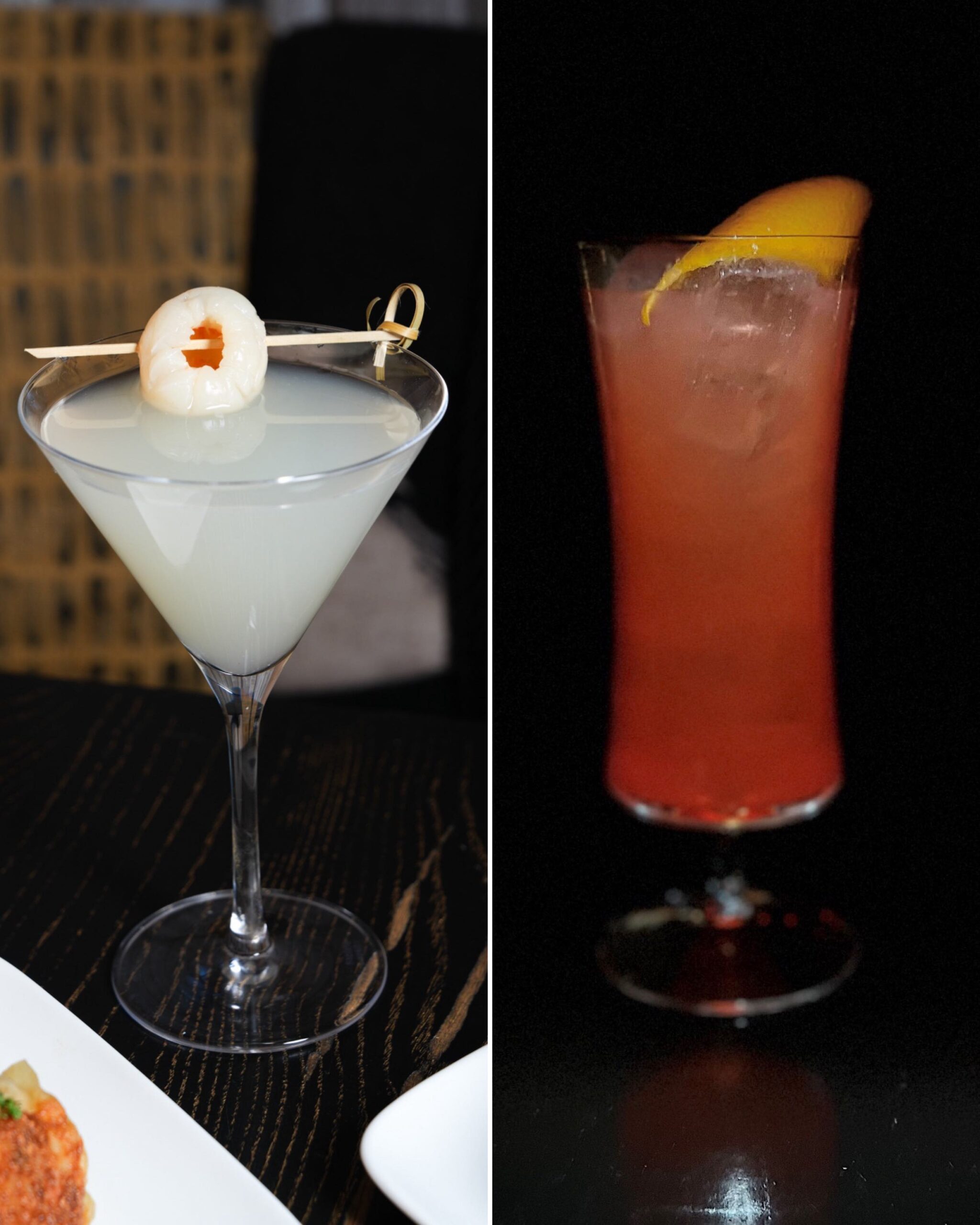 An image of two cocktails, the Lychee & Elderflower Martini and the West Coast Cooler.
