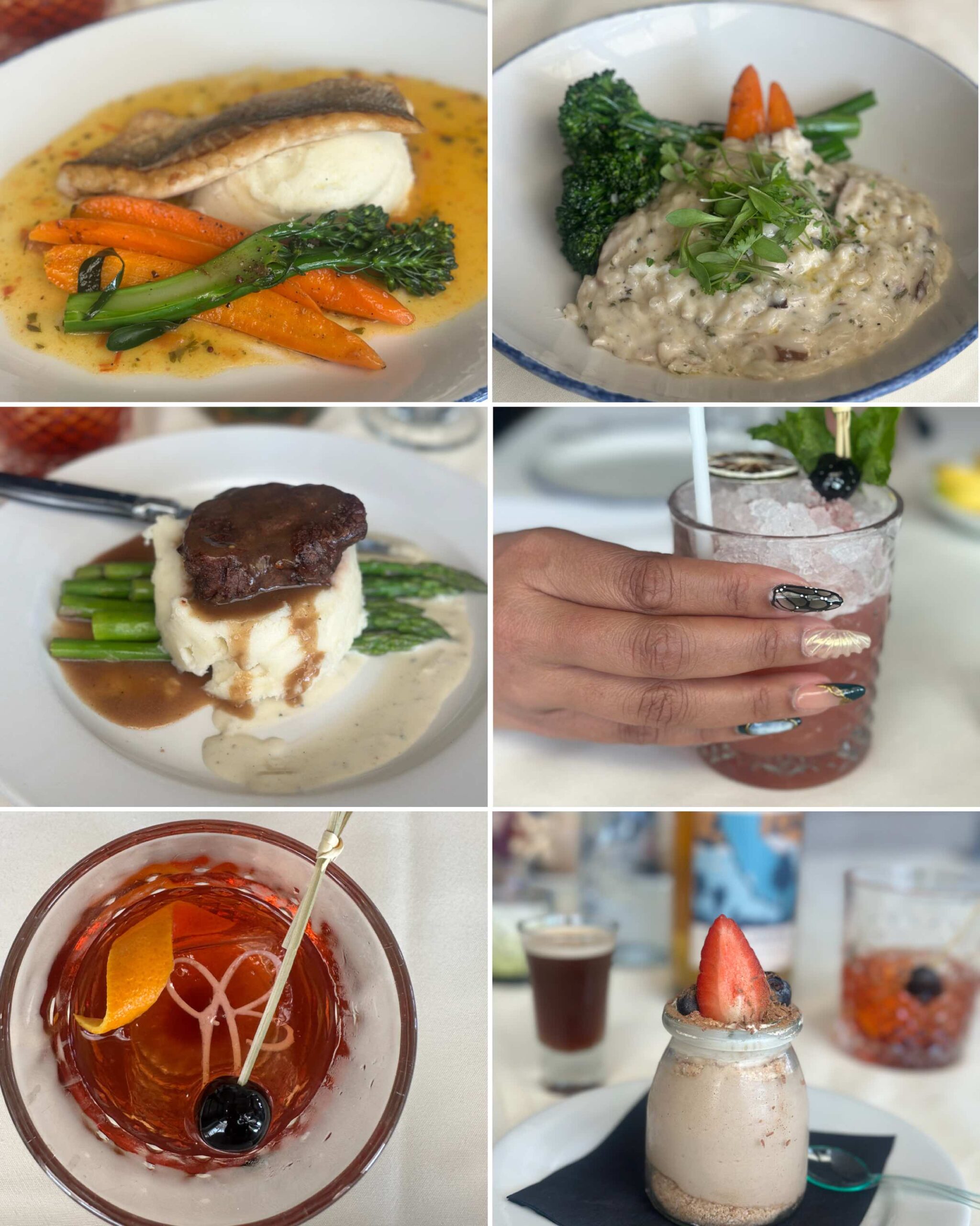 An image of a collage of 6 images of the food and drinks at Beachside Restaurant and Bar.