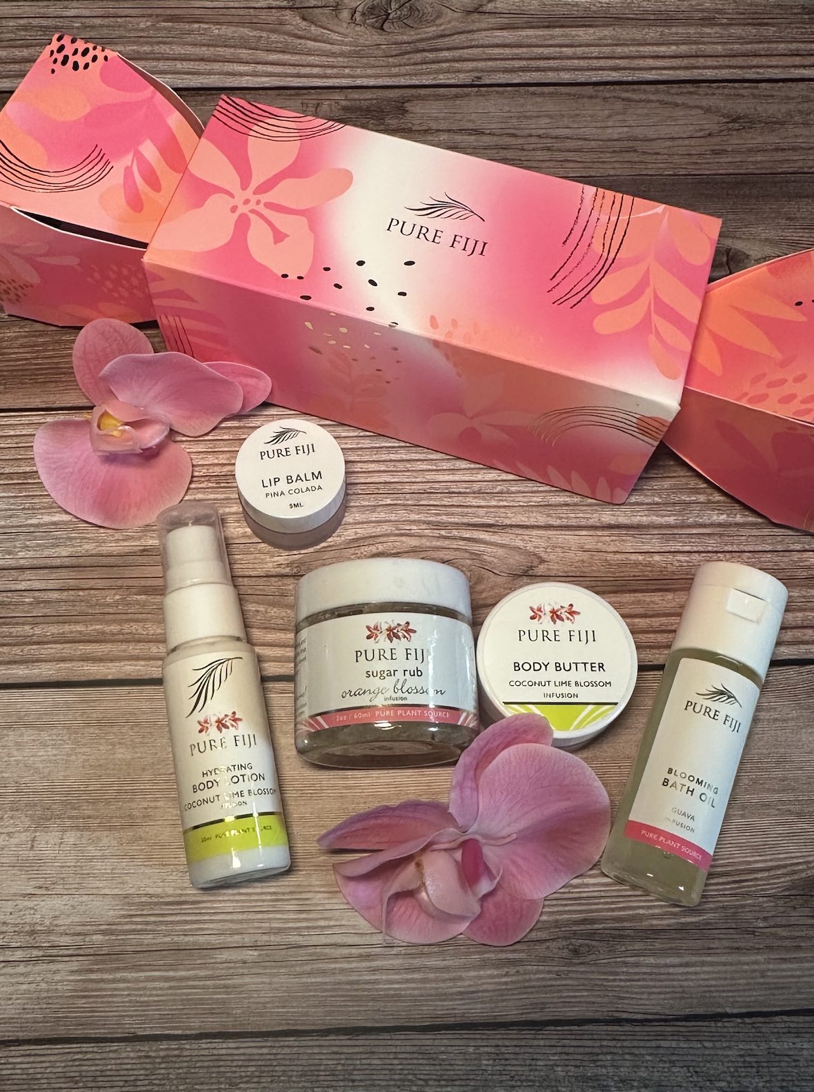 A birdseye image of products from Pure Fiji.