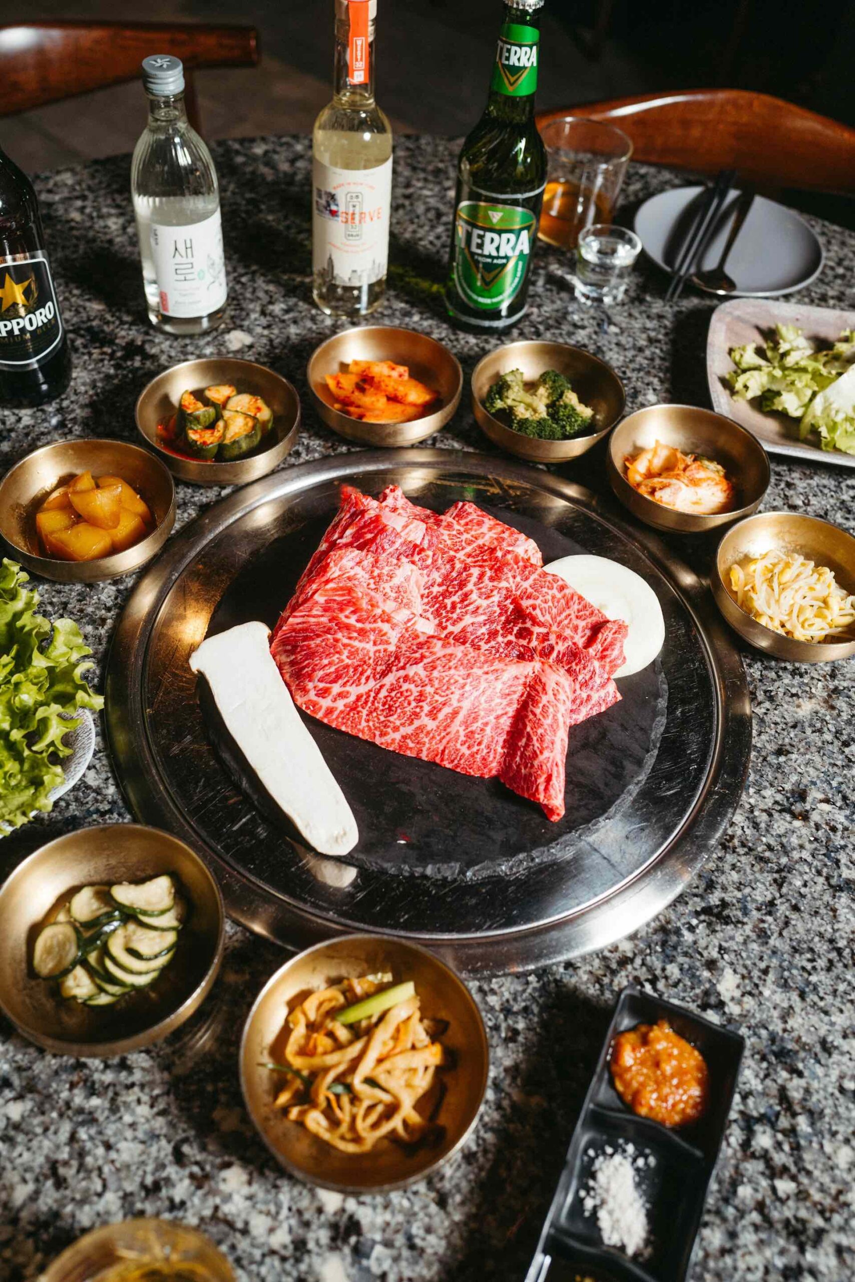An image of a spread from Korean BBQ.