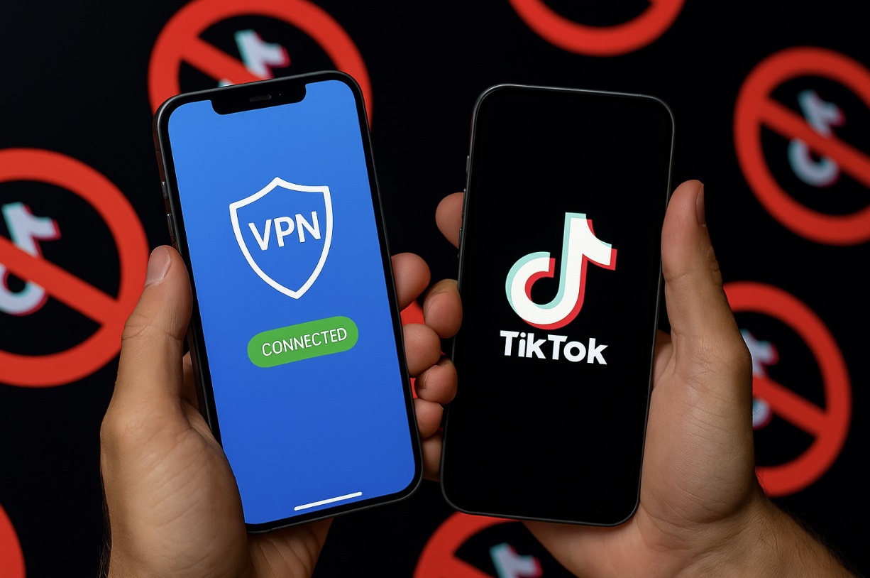 An image of two phones: one with the TikTok logo, one with a VPN logo.