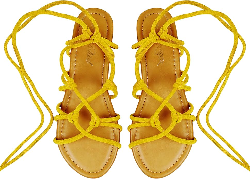 An image of Lace Up Gladiator Flat Sandals in butter yellow.