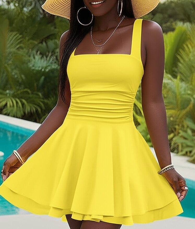 An image of a Ruched Waist Short Party Butter Yellow Dress. 
