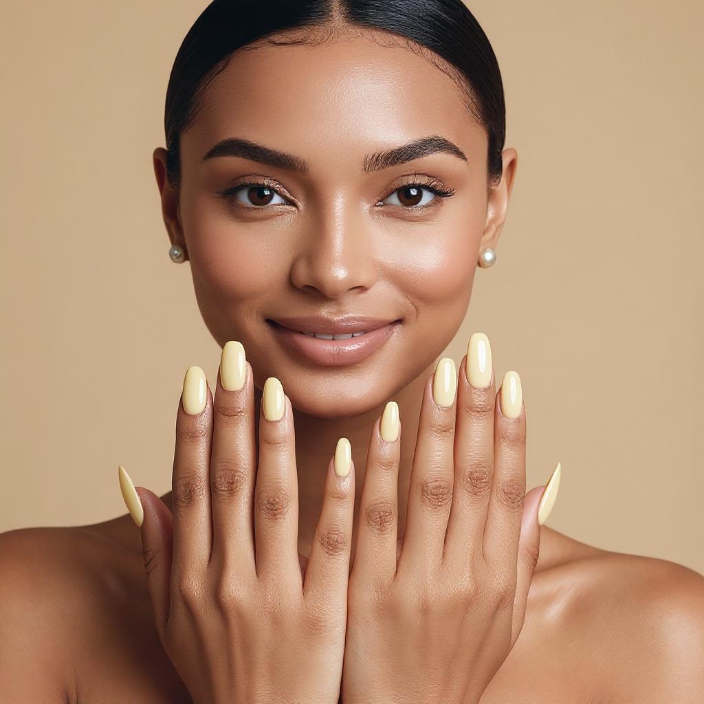An image of a woman holding up her hands wearing butter yellow press-on nails.