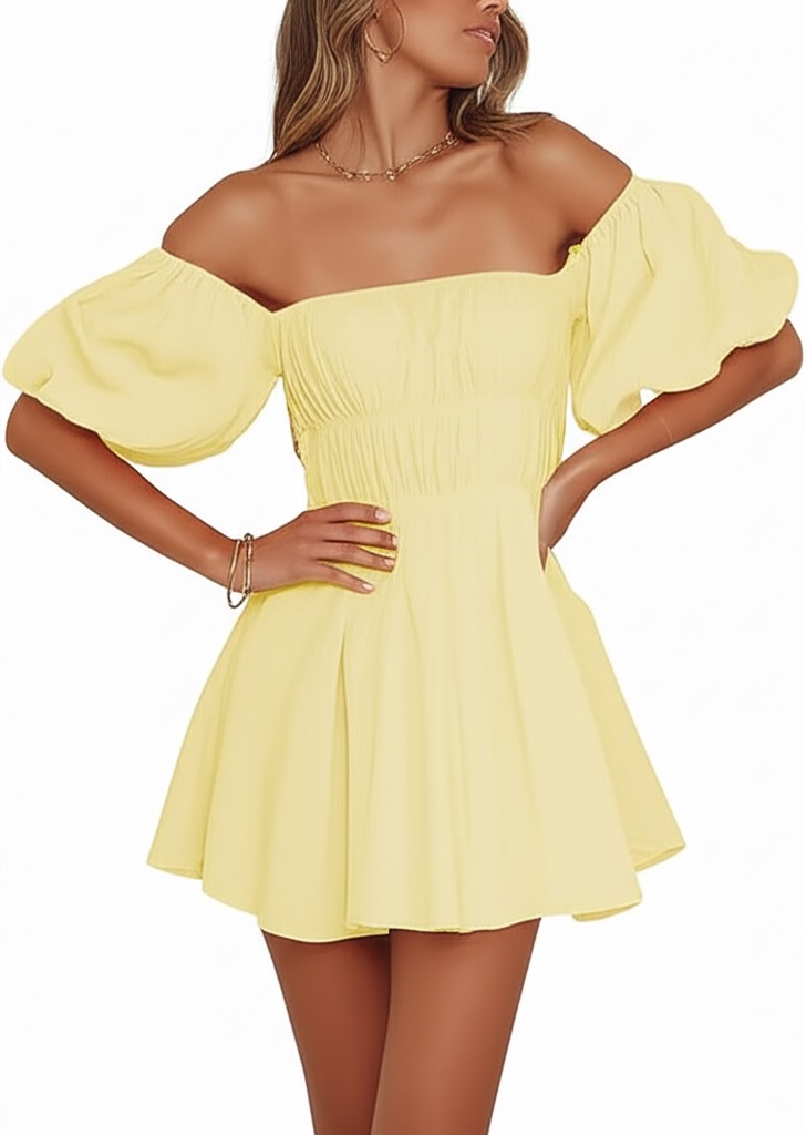 An image of a woman wearing an Off The Shoulder Summer Butter Yellow Dress.