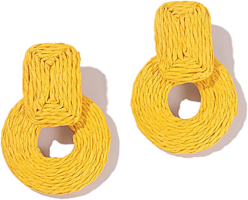 An image of Handmade Straw Wrap Dangle Earrings in butter yellow.