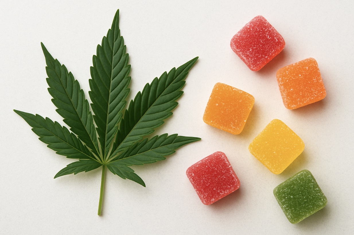 An image of a cannabis plant and cbd gummies.