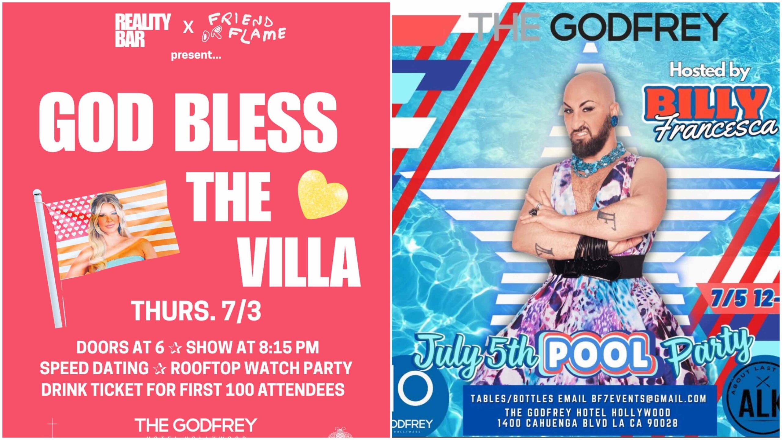 An image of two flyers for the Godfrey Hotel's 4th of July parties.