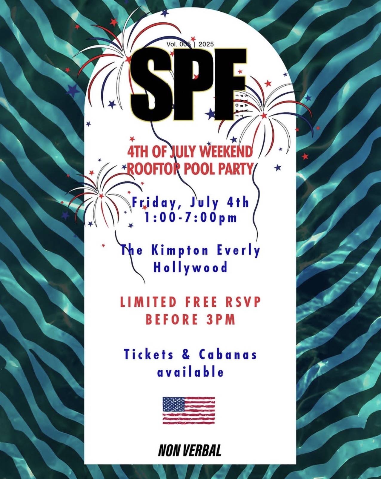 An image of the flyer for the SPF July 4th pool party.