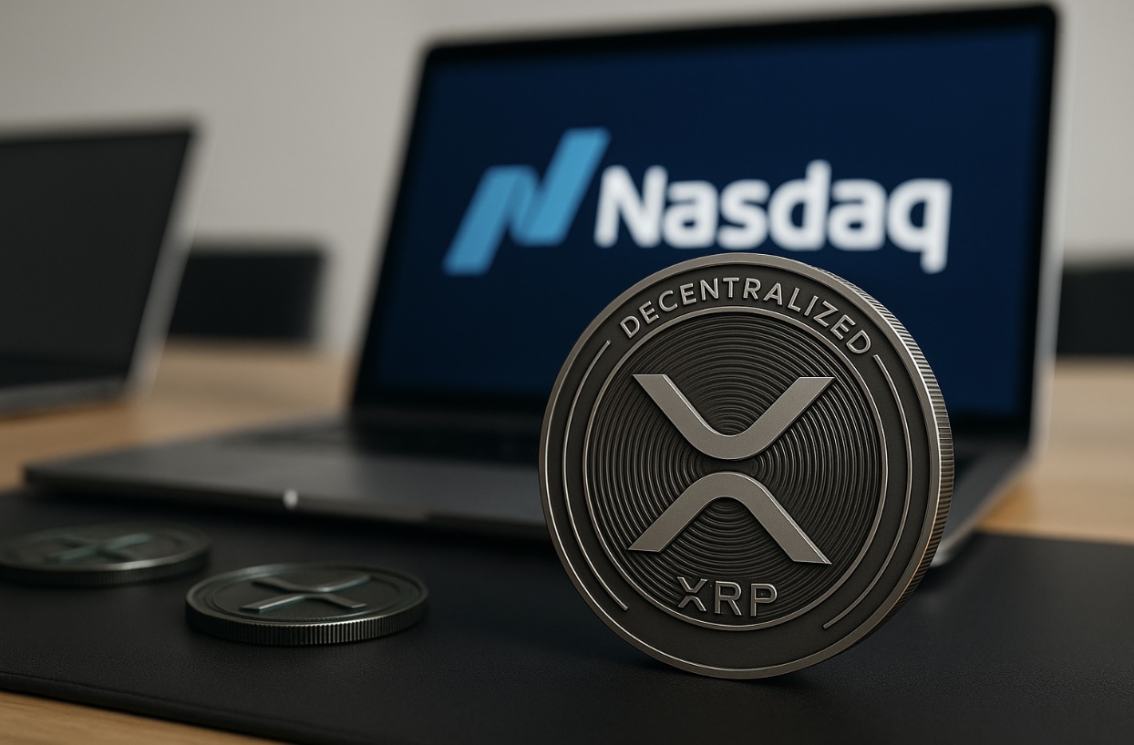 An image of XRP crypto and a computer with a Nasdaq logo in he back.