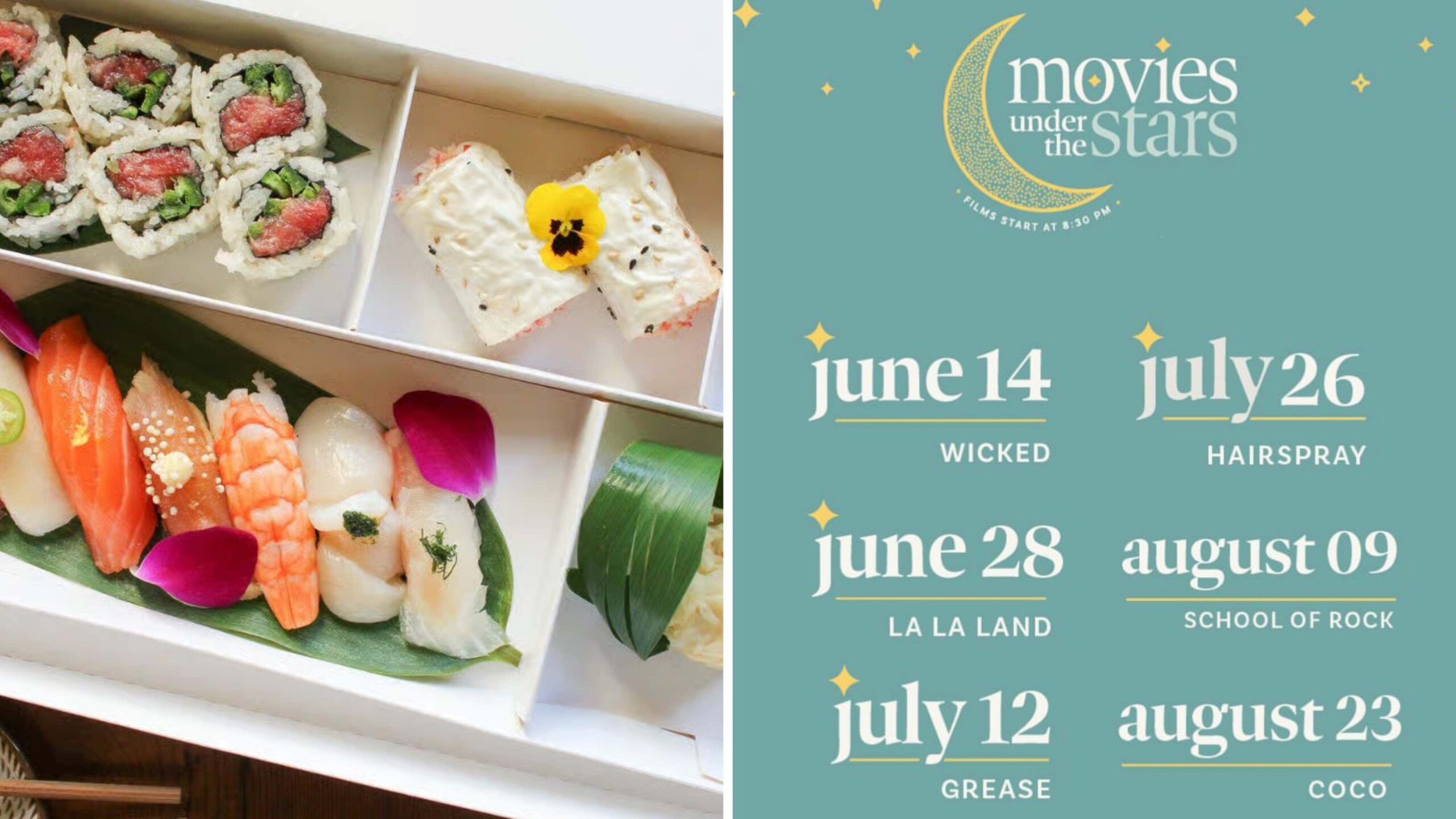 An image with two images: a sushi plate on the left and the Free movie schedule on the right.