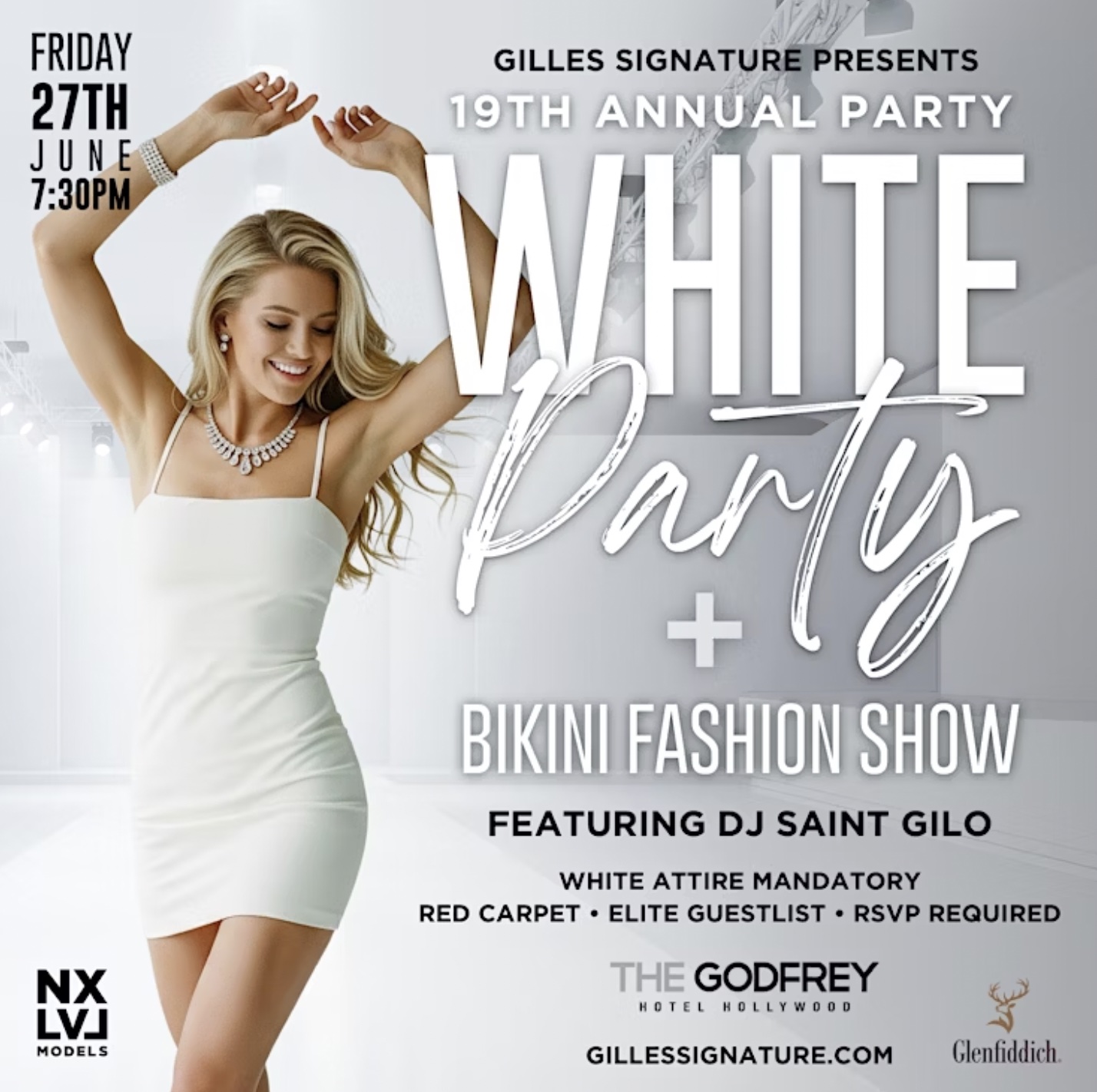 An image of the flyer for Gilles Signature's Annual White Party! 