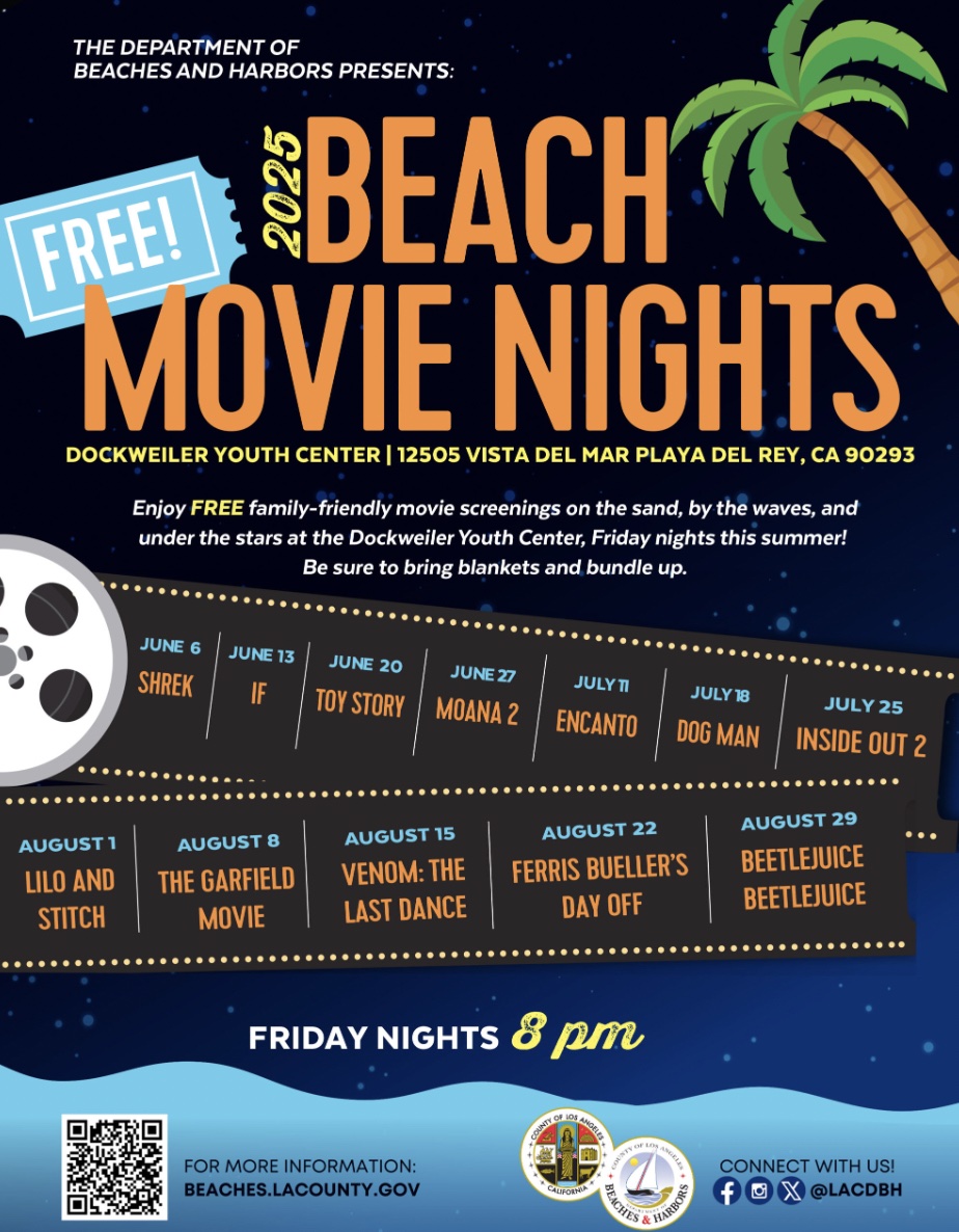 An image of the flyer for Beach Movie Nights Dockweiler Youth Center.