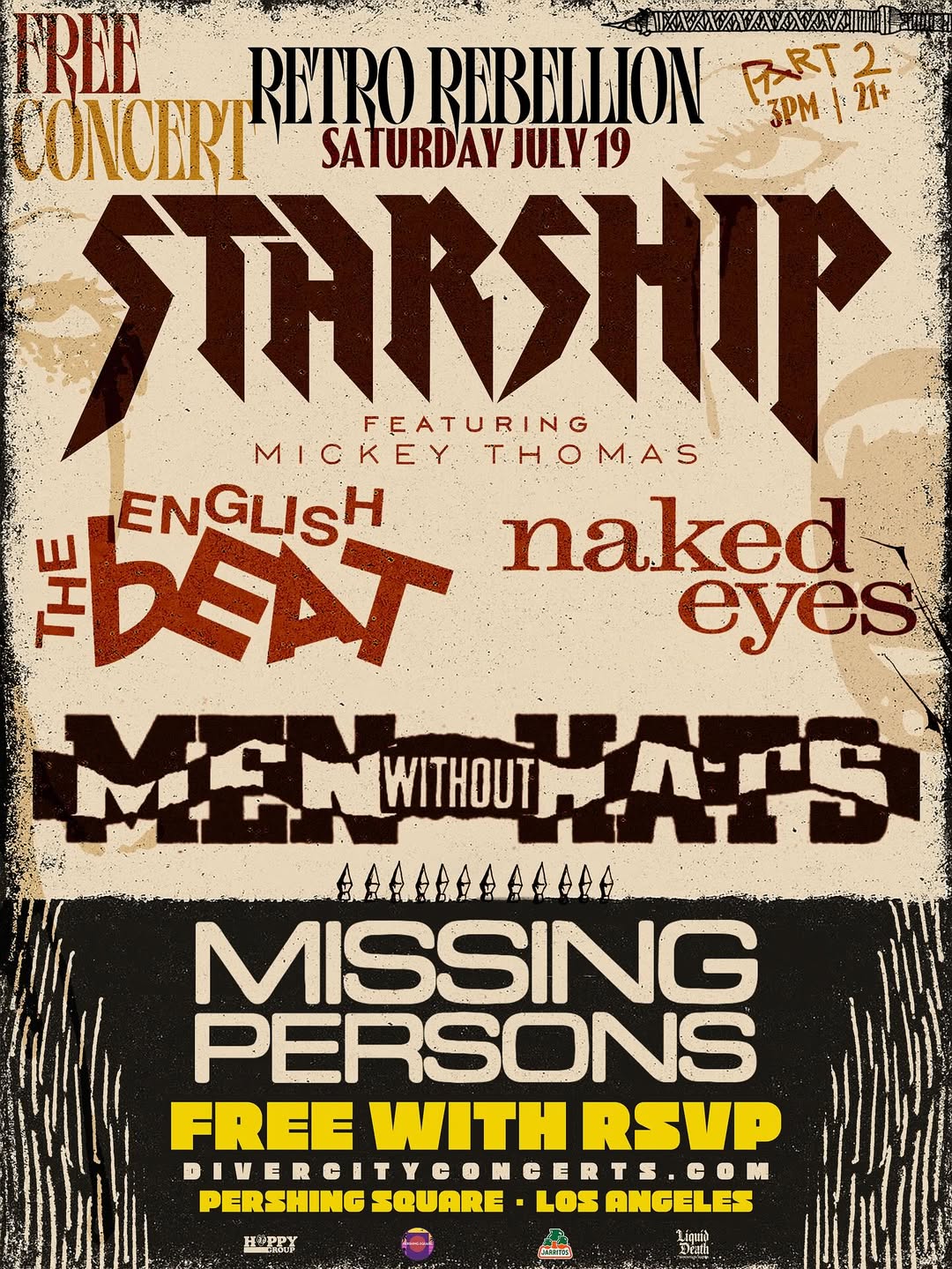 An image of the flyer for a FREE 80's Concert with Starship, The English Beat, Men Without Hats & More