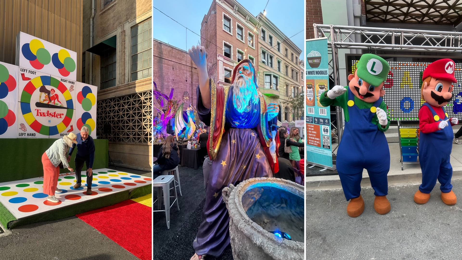 An image of 3 images of a giant Twister board, a wizard and Mario and Luigi.