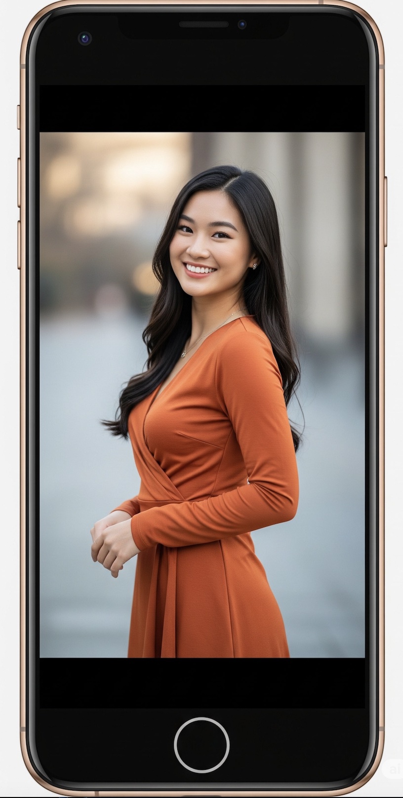 An image of a beautiful woman in an orange dress on a cell phone.