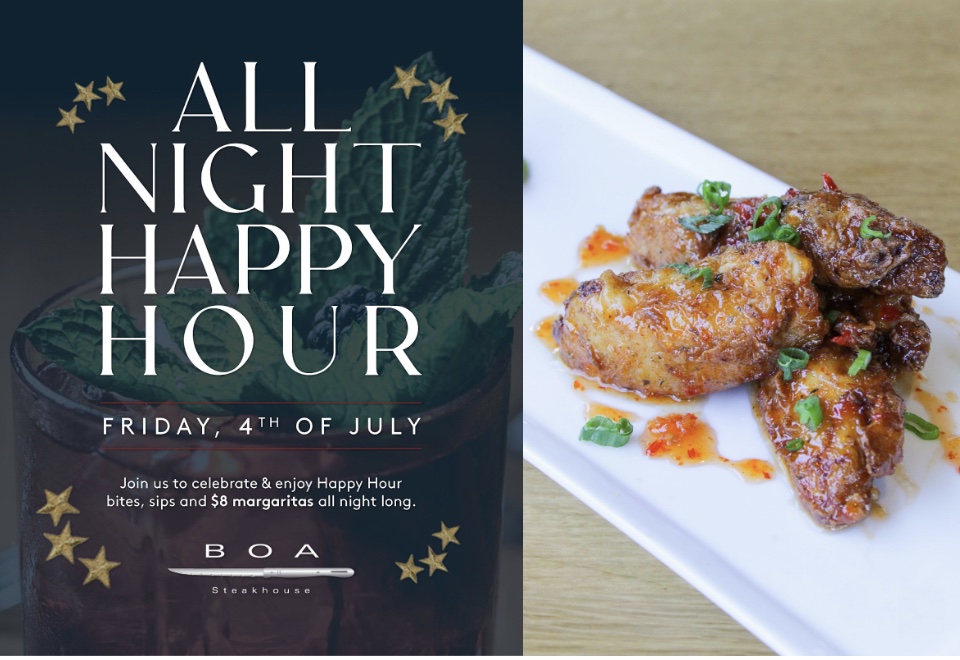 An image of the flyer for Boa 4th of July happy hour.