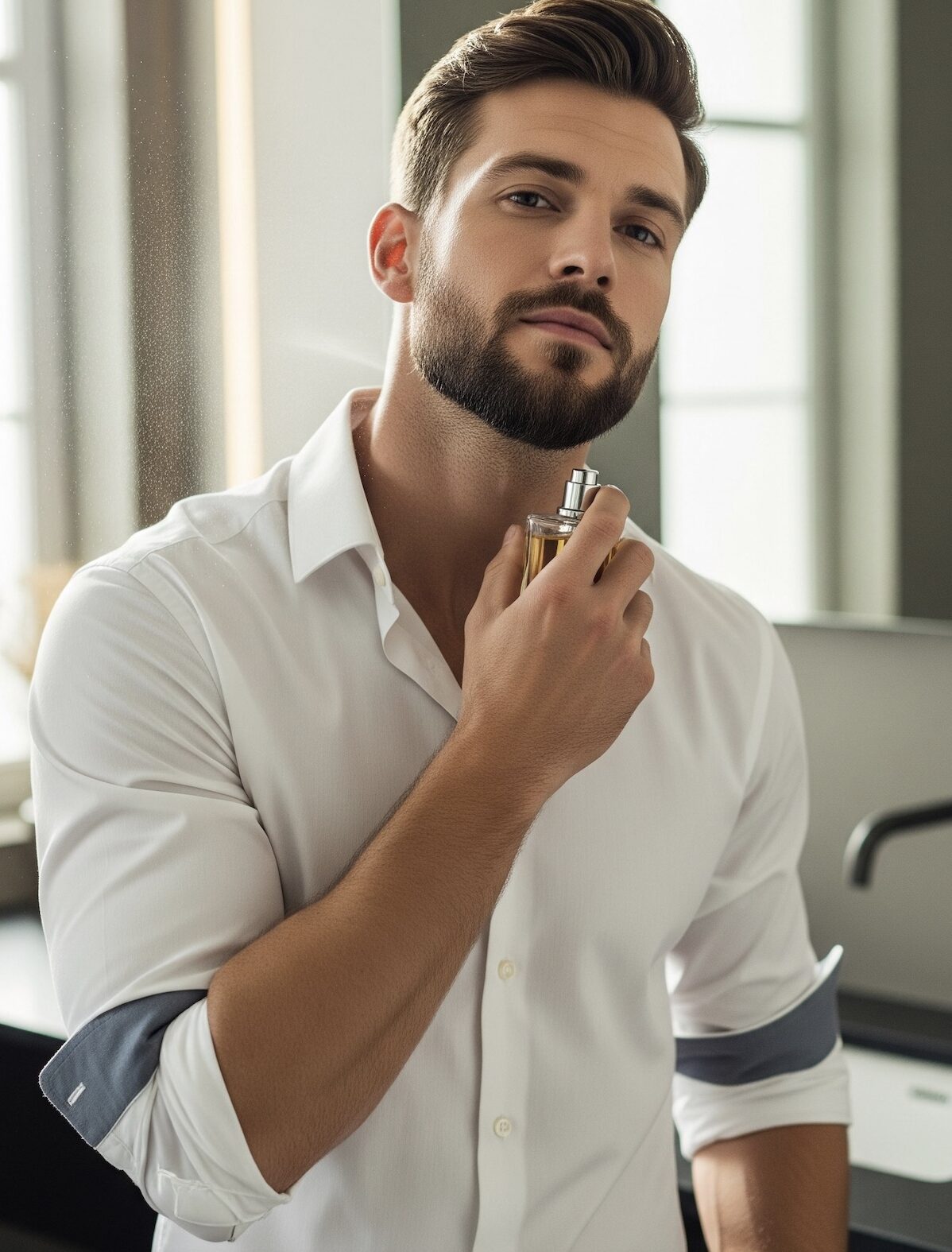 An image of a man applying cologne.