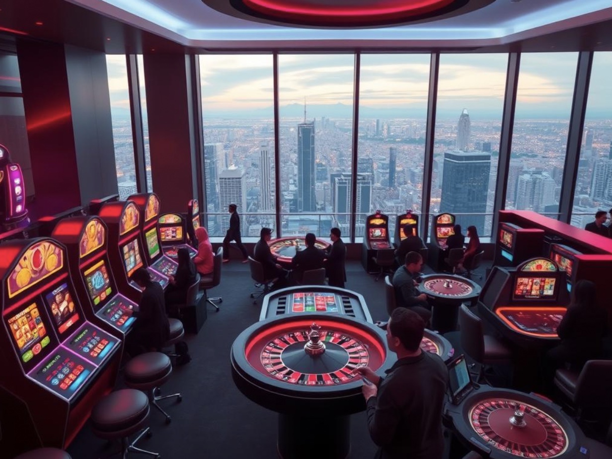 An image of a casino with table games like blackjack, roulette, and poker.