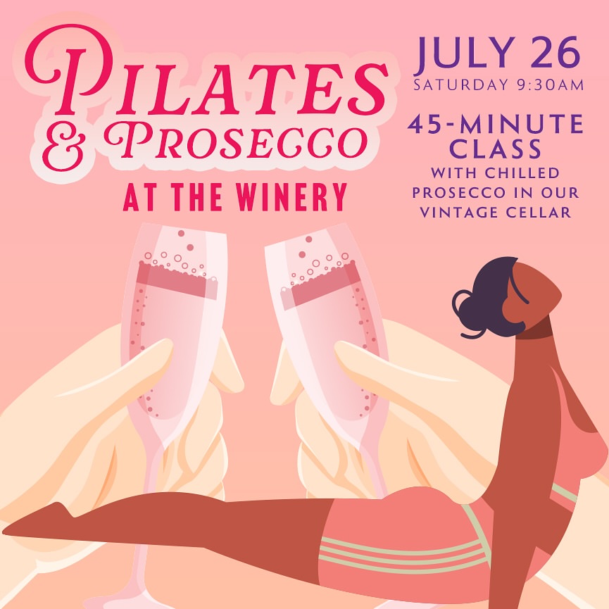 An image of the flyer for the Pilates and Prosecco event at San Antonio Winery.