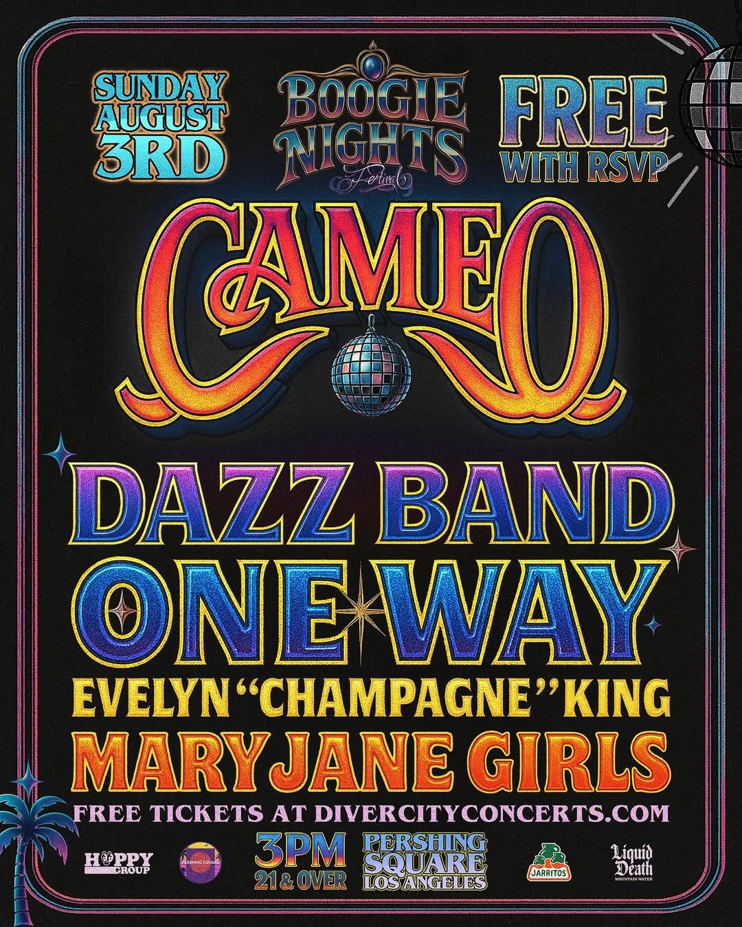 An image of the flyer for the FREE "Boogie Nights" concert at Pershing Square.