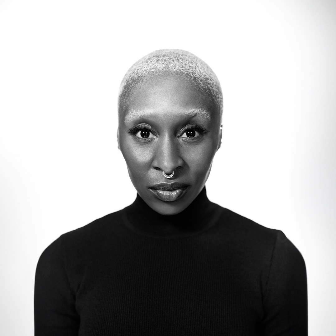 A black and white image of Cynthia Erivo.