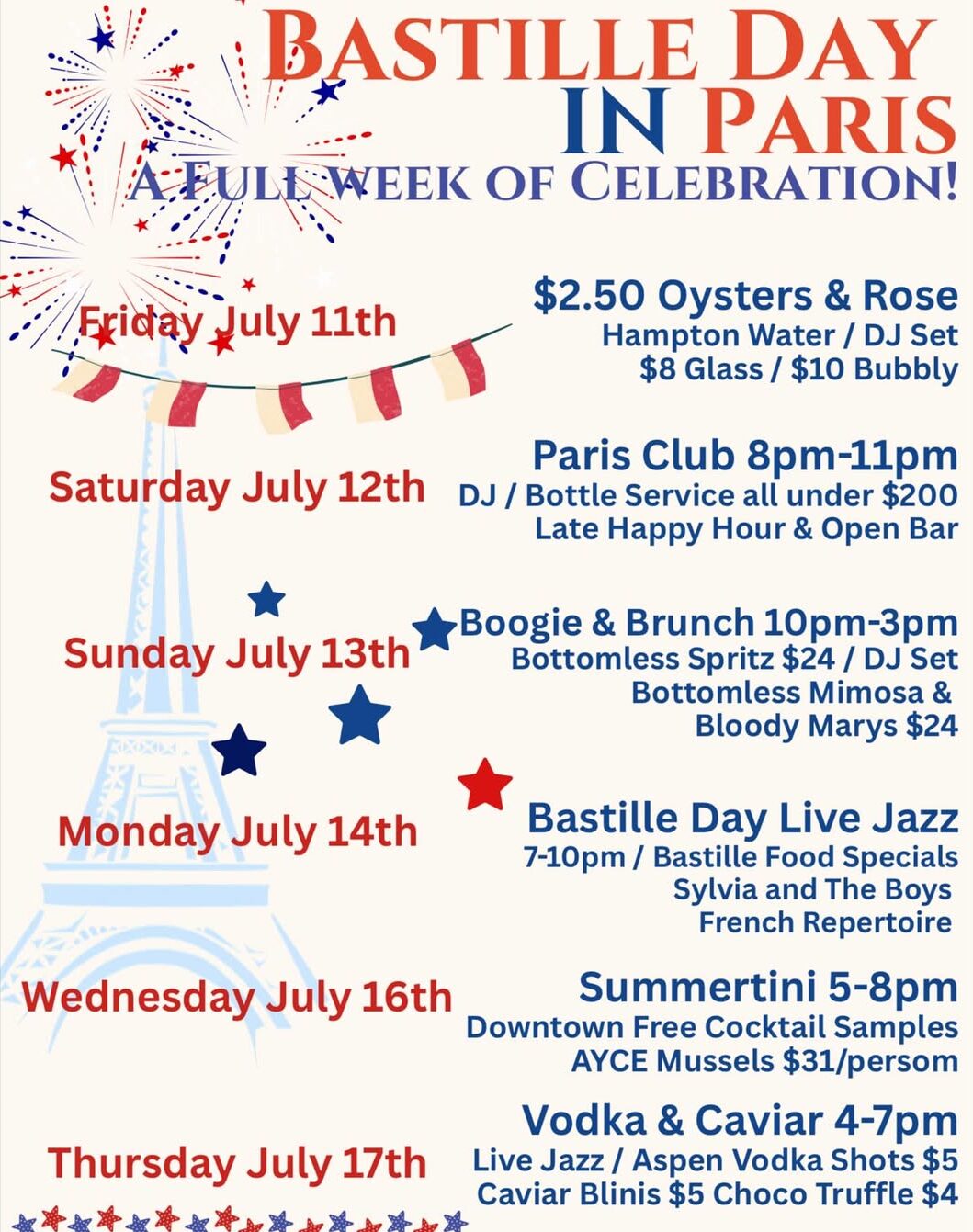 An image of the flyer for Meet in Paris' Bastille Day celebration