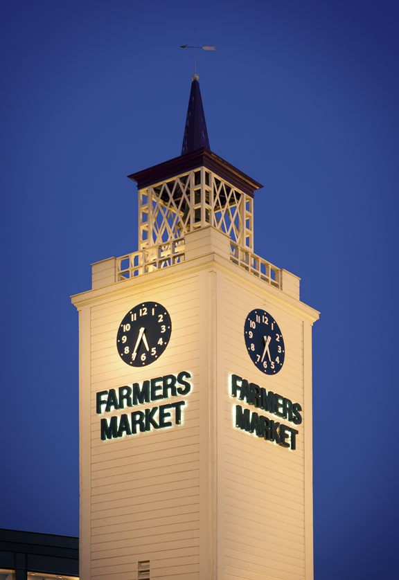 An image of the clock tower at the Original Farmers Market