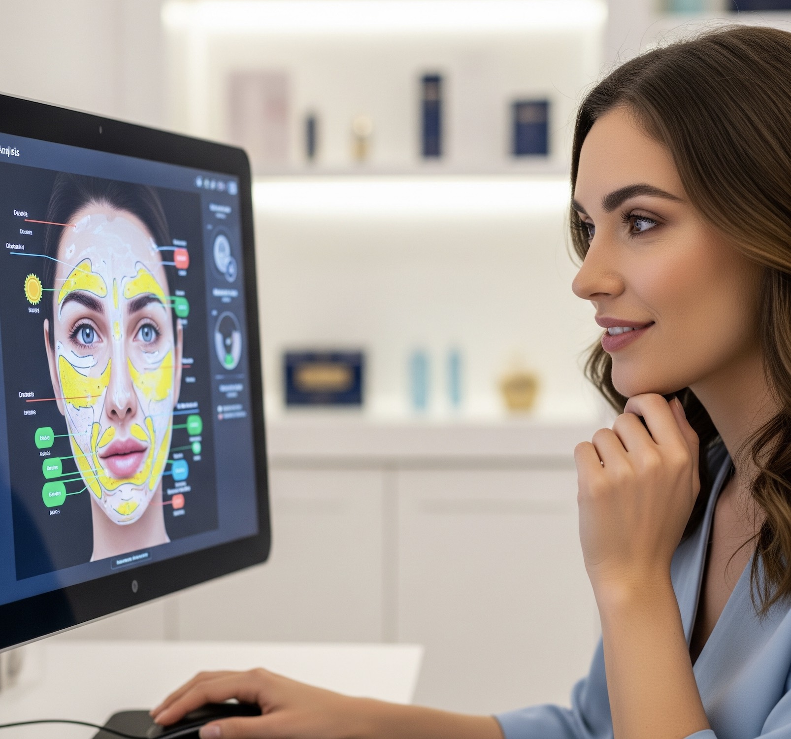 An image of a woman using AI and ML to create precise diagnostic products based on skincare analysis.