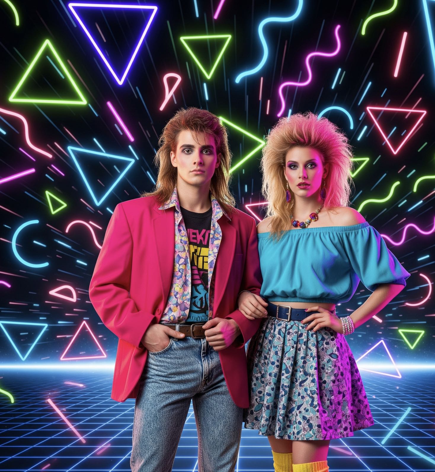 An image of a man and woman dressed in 80s gear.
