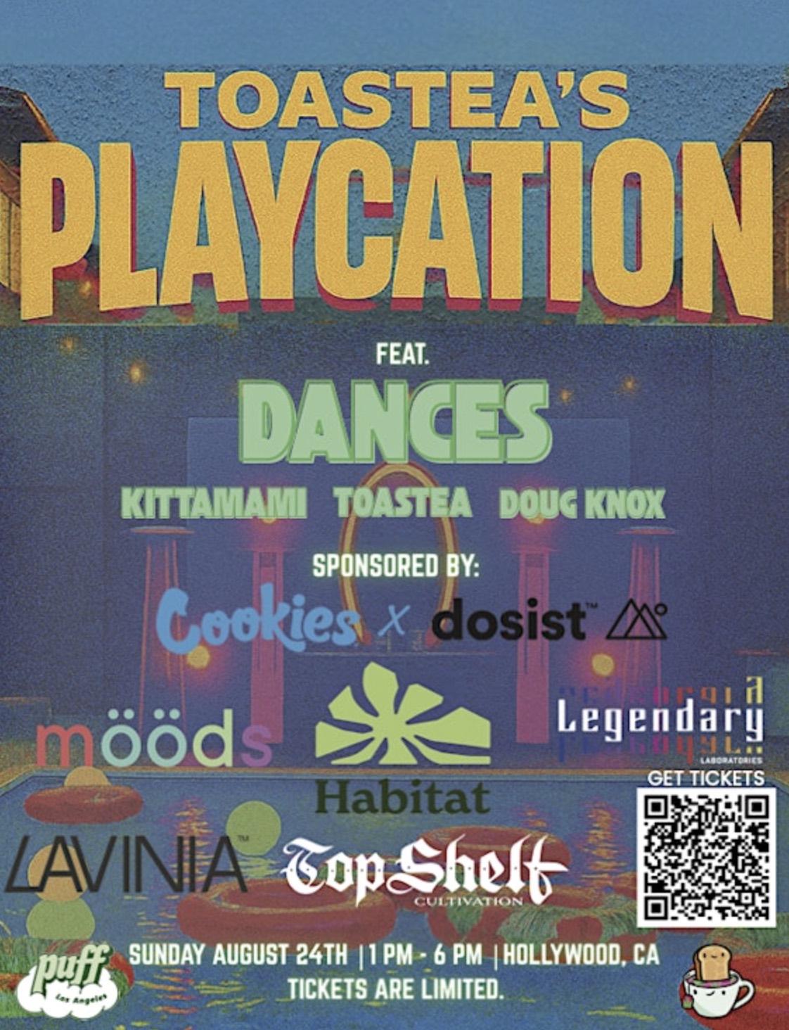 An image of the flyer for ToasTea's Playcation Pool Party at Hotel Ziggy.