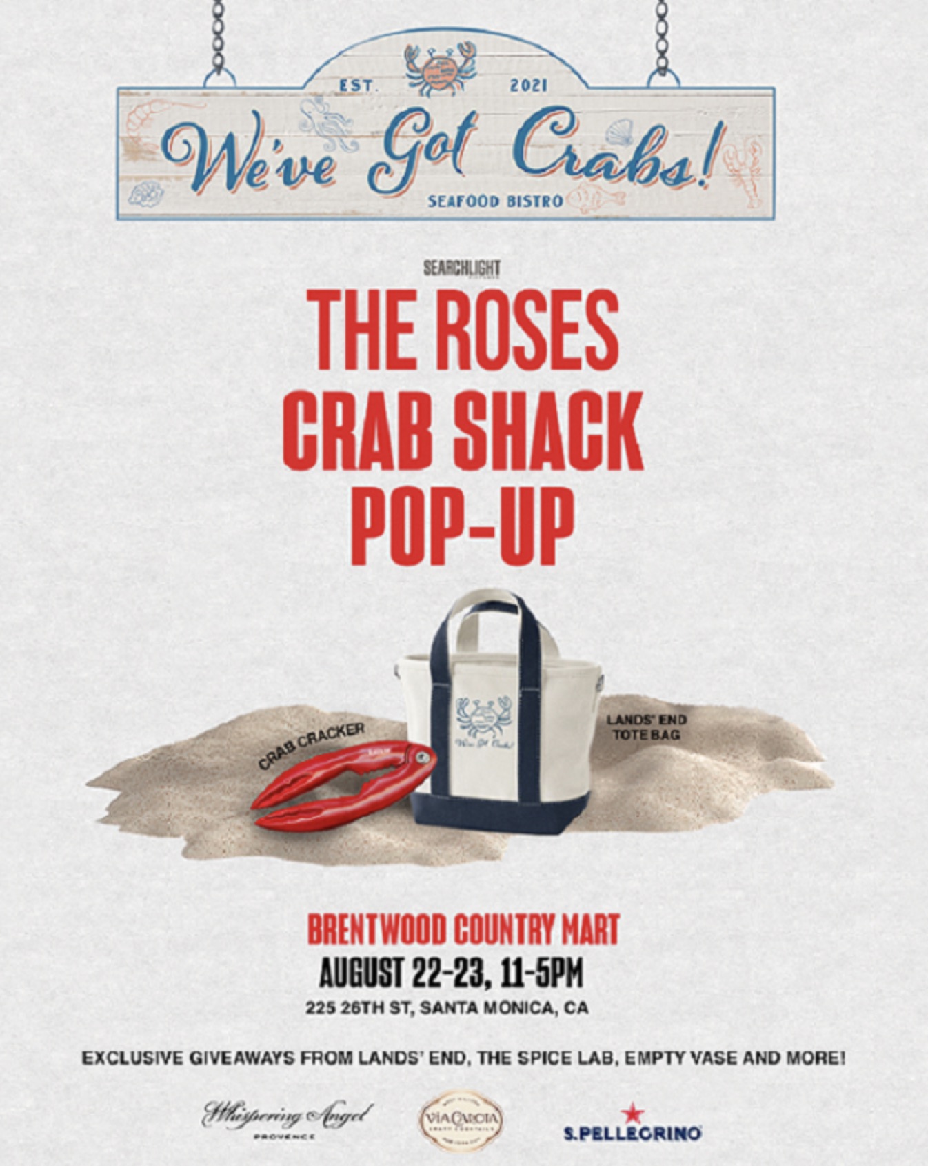 An image of the flyer for the Roses pop-up at Brentwood Country Mart.