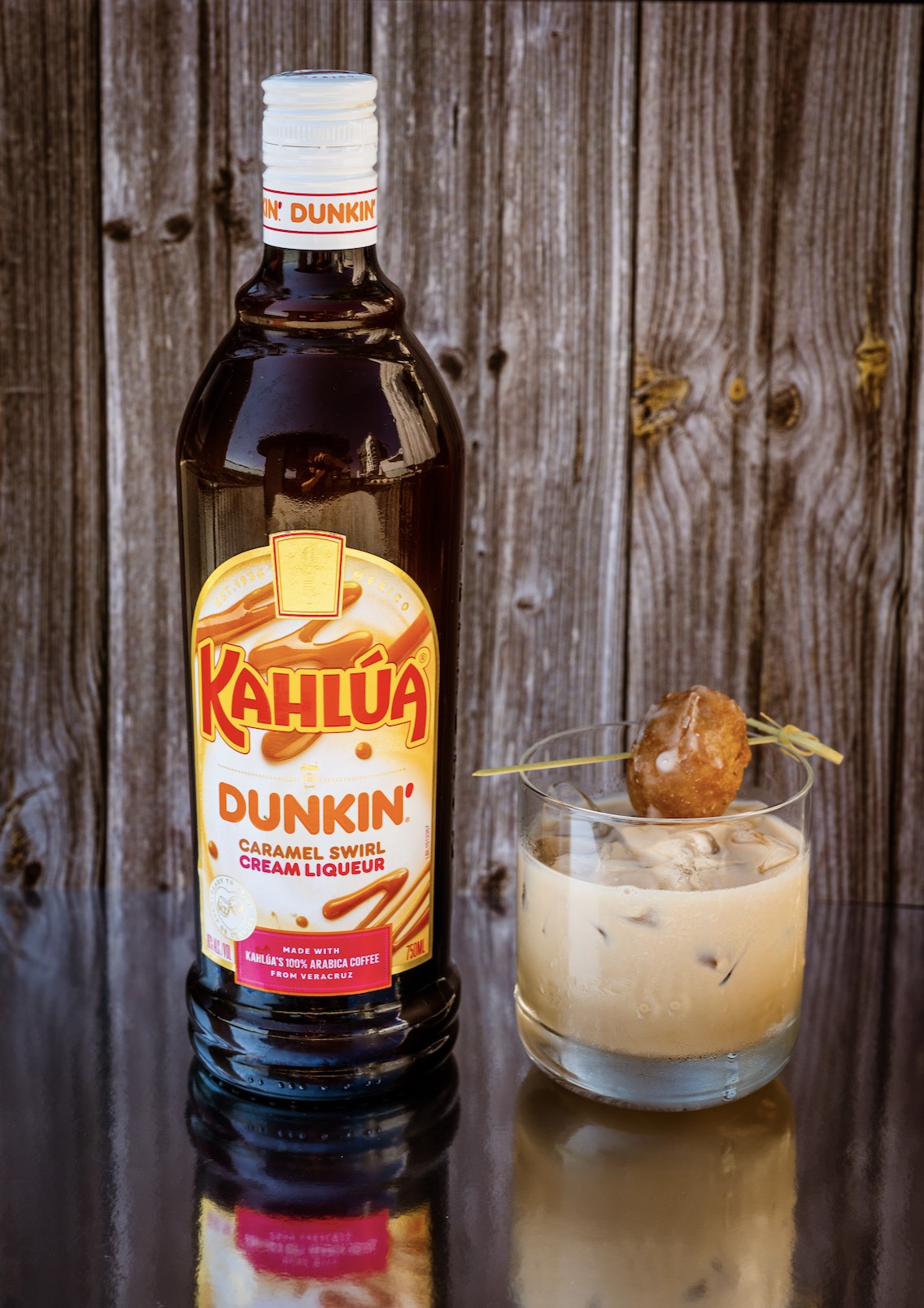 An image of the new Kahlúa Dunkin' Caramel Swirl Cream Liqueur.