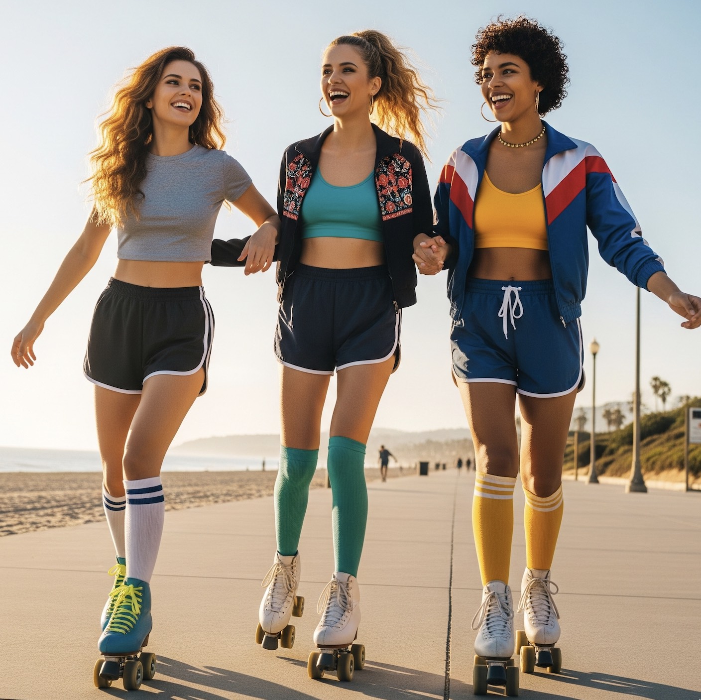 An image of 3 women roller skating at the beach.