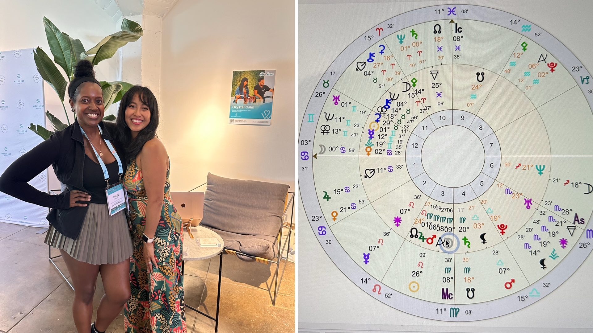An image with two images: lifestyle blogger Ariel with Marsha Pacificar, and on the right a copy of my astrology chart.