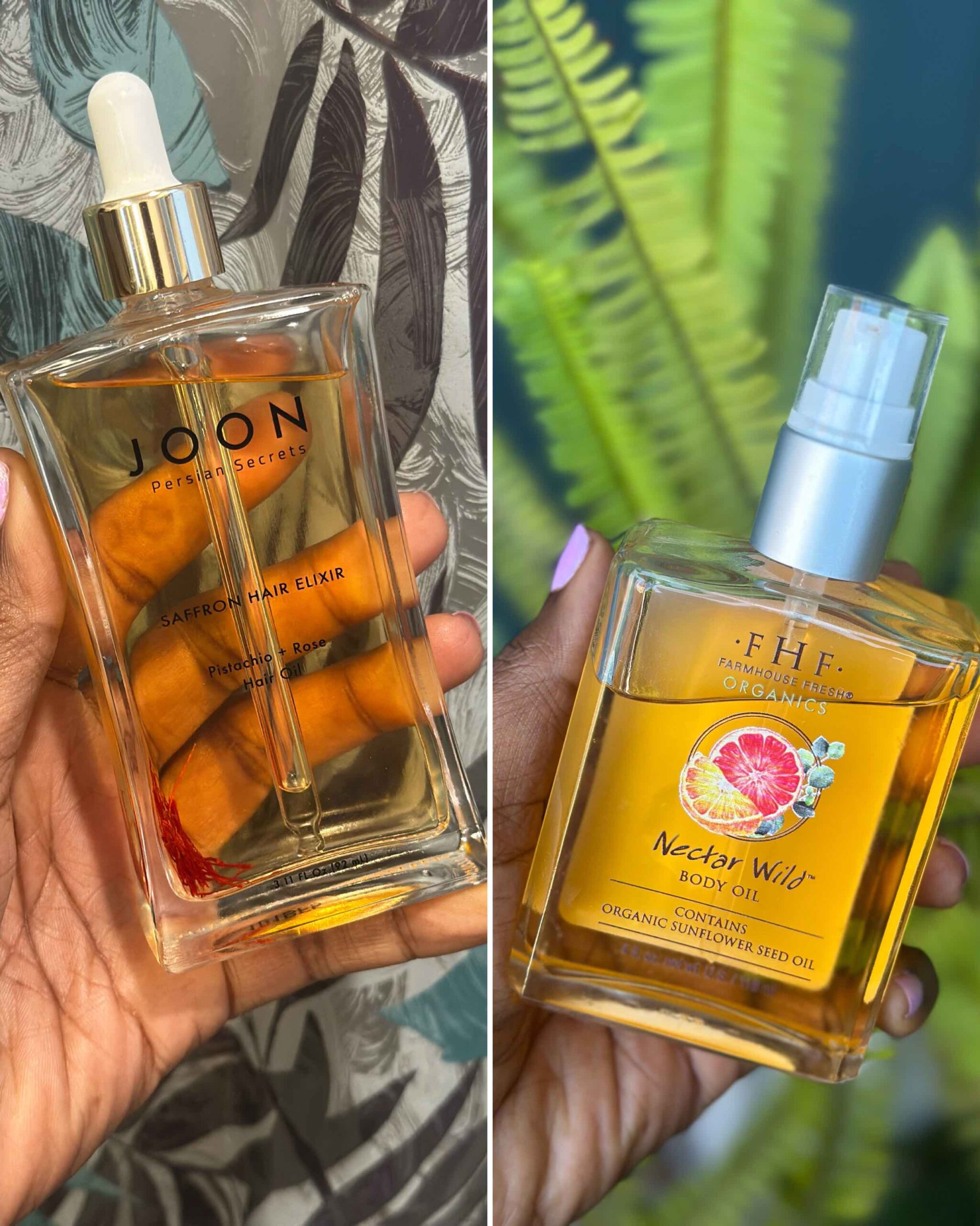 An image of two products: the hair oil from Joon Haircare to combat frizz, and the hydrating body oil from Farmhouse Fresh