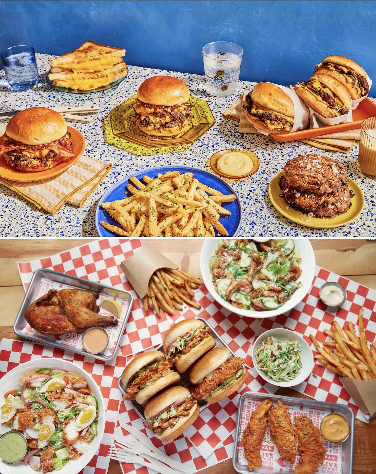 An image of two images: Chef Alvin's famous Oklahoma Onion Burgers and Chef Ari's California-Style Fried Chicken.