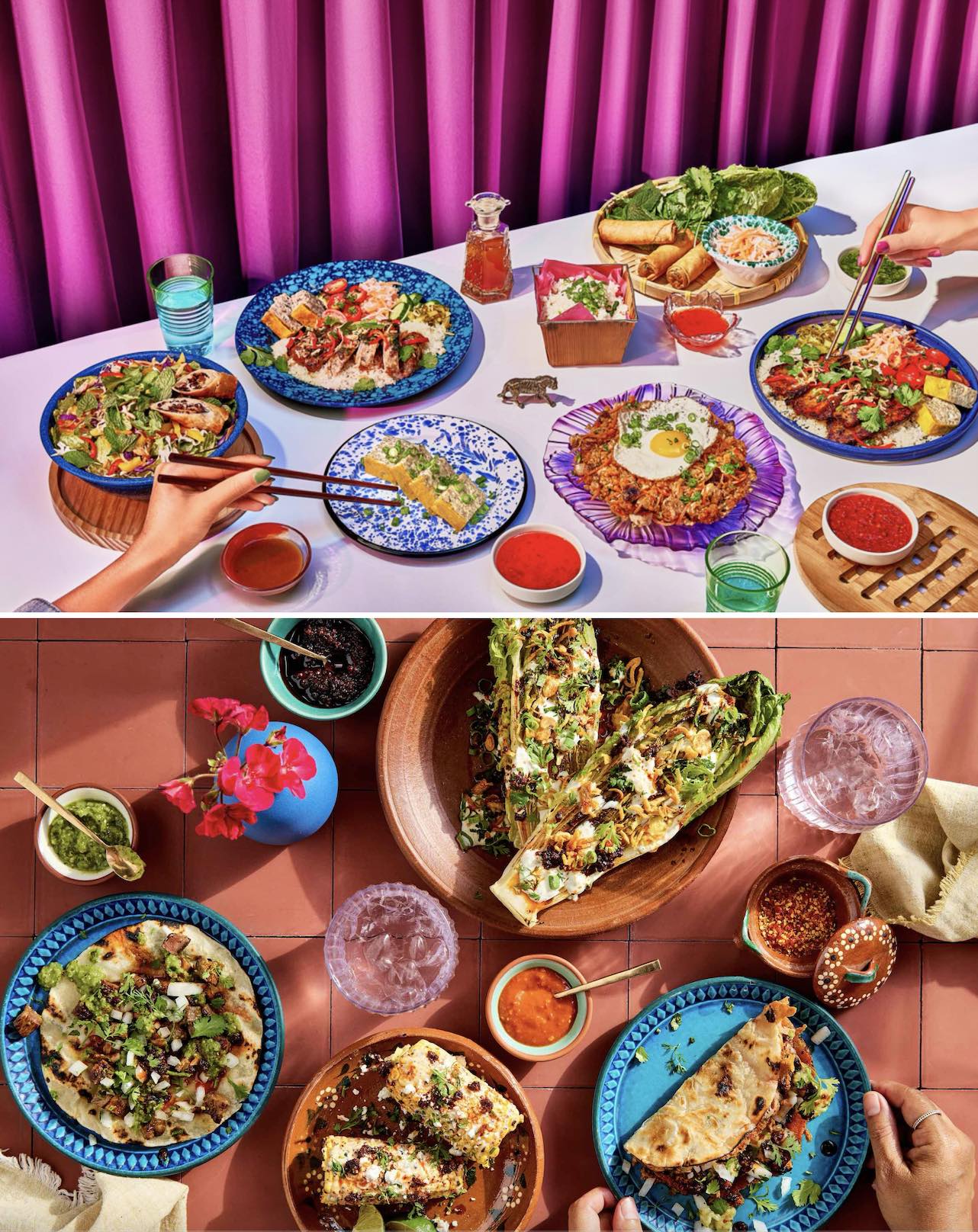 An image of two images: a spread of Vietnamese street food staples and Sonoran-style tacos and burritos.