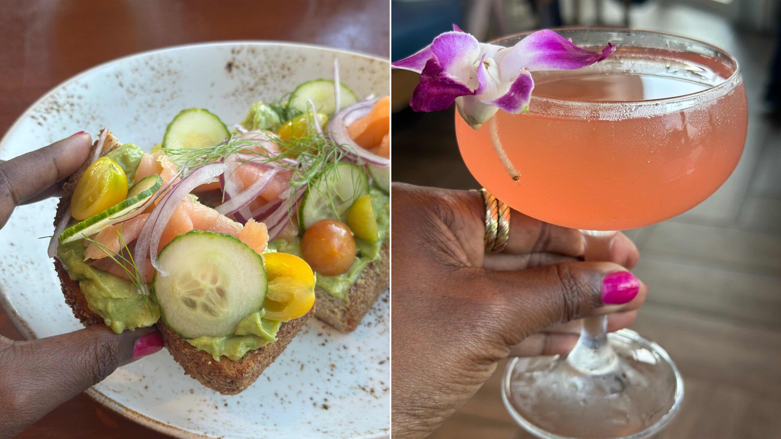 An image of avocado toast next to a mimosa.