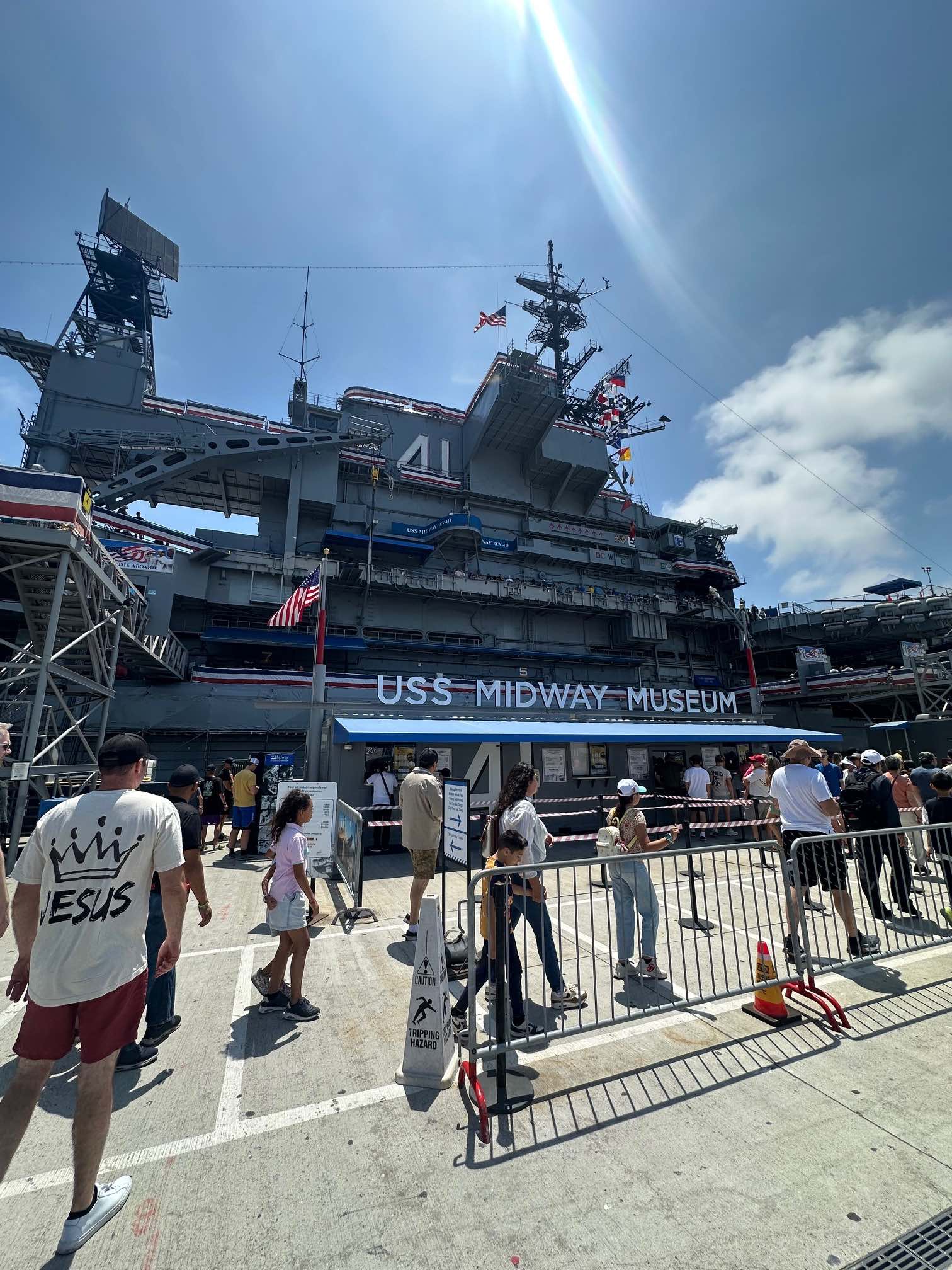 An image of the outside of the USS Midway Museum.
