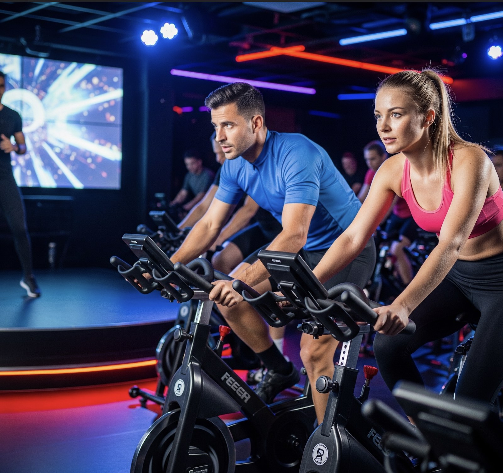 An image of a man and a woman in a soul cycling class.